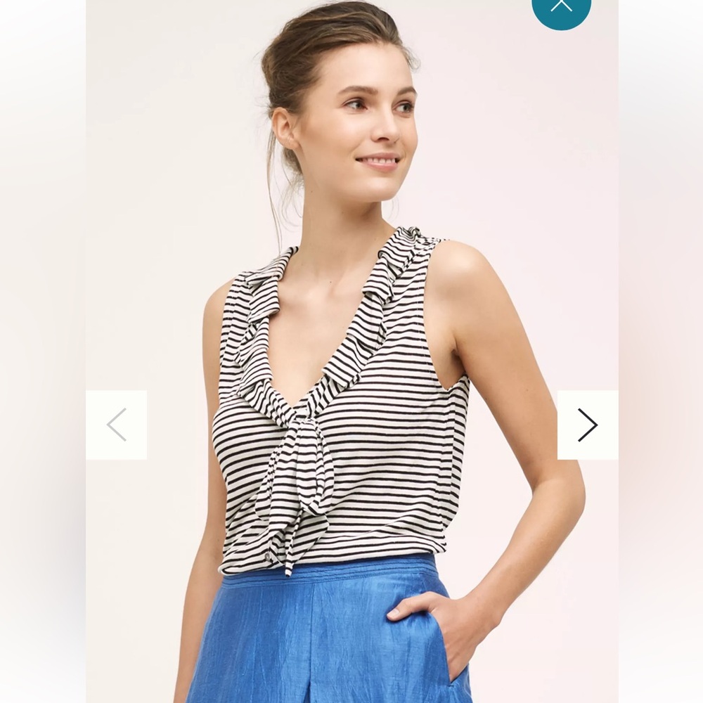 ANTHRO DOLAN Left Coast Ruffled Tie Neck Tank Black/White Stripes Size XS USA